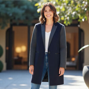 Sandro Paris Navy Colorblock Tailored Wool Coat 36